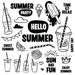 Hand drawn set of summer vectors in doodle style