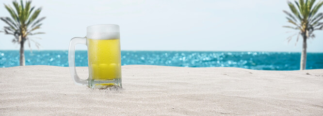 Background of a beautiful beach with a cold beer - graphic resource for design