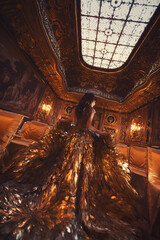 Gorgeous brunette girl in haute couture dress made of gold feathers on the background of luxurious...