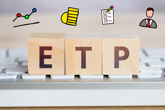 Exchange Traded Products ETP Electronic marketplace on wooden cubes
