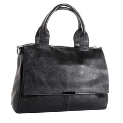 Black grained leather bag for women. Short handles for carrying the bag in the hands. On a white...