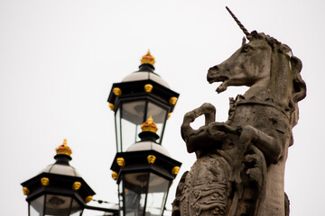 London, UK - January 29, 2017: A detail photo of the Victoria Memorial including a unicorn and lion...