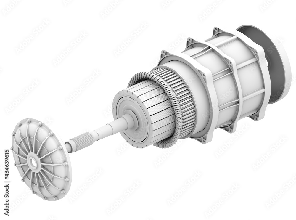 Poster clay rendering exploded view of electric vehicle motor on gray background. 3d rendering image.