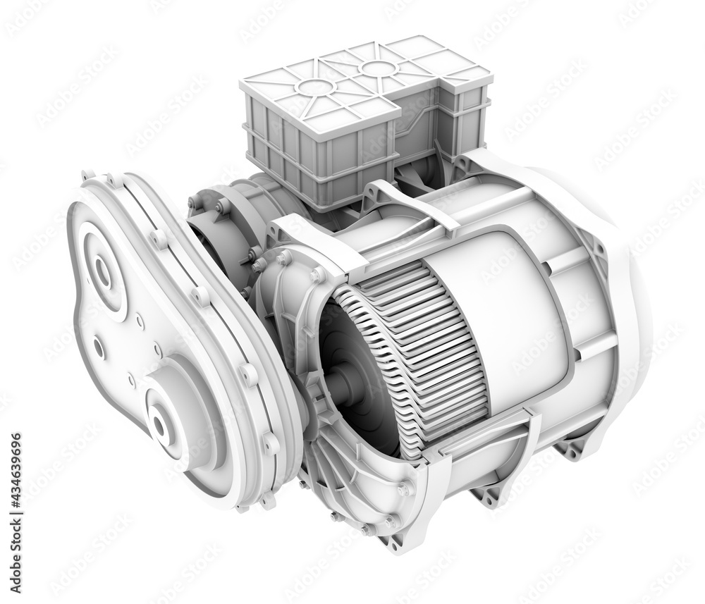Poster clay rendering of electric vehicle motor's cutaway view. 3d rendering image.