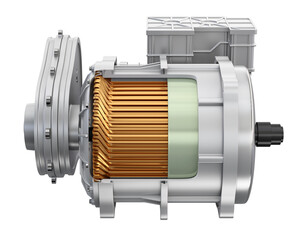 Cutaway view of Electric Vehicle Motor on white background. 3D rendering image. - obrazy, fototapety, plakaty