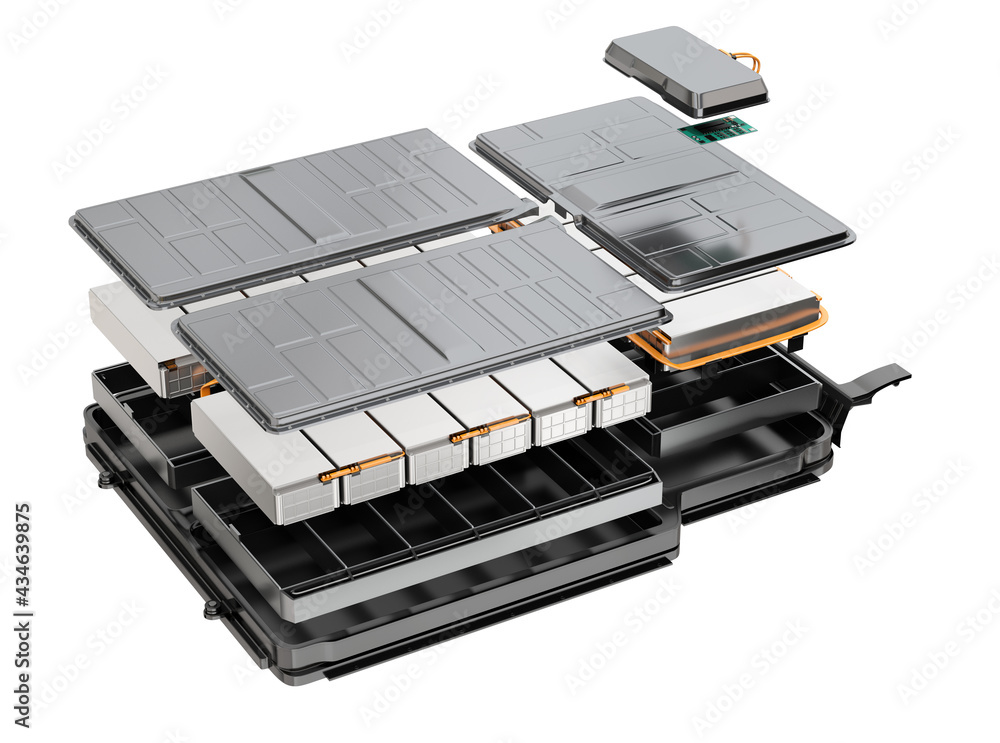 Poster exploded view of electric vehicle's battery pack isolated on white background. 3d rendering image.