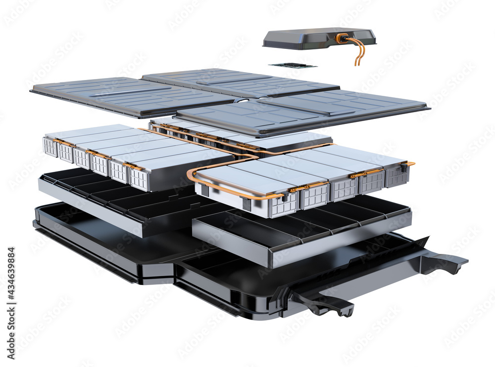 Poster exploded view of electric vehicle's battery pack isolated on white background. 3d rendering image.