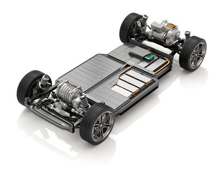 Fototapeta Cutaway view of Electric Vehicle Chassis with battery pack on white background. 3D rendering image. obraz