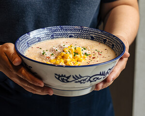 Holding bowl of cheese ramen noodle soup with corn