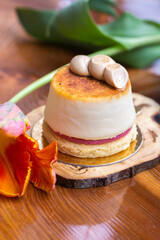 Creme brulee mini cheesecake tart on wood