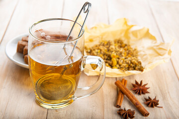 Hot chamomile tea made of wild flowers