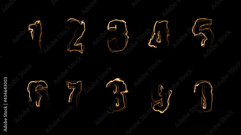 Poster 3d rendering glow of contours of numbers on a black background. neon design elements. futuristic glo