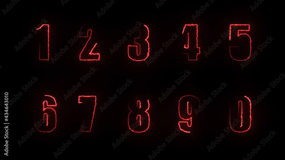 Poster 3d rendering glow of contours of numbers on a black background. neon design elements. futuristic glo