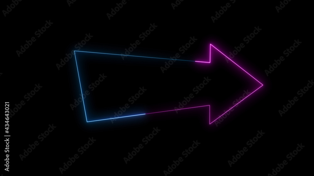 Poster 3d rendering glow effects of an arrow outline on a black background. neon design elements
