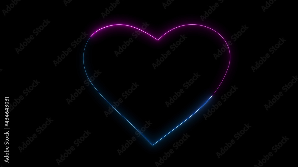 Poster 3d rendering glow effects of the contour of the heart on a black background. neon design elements