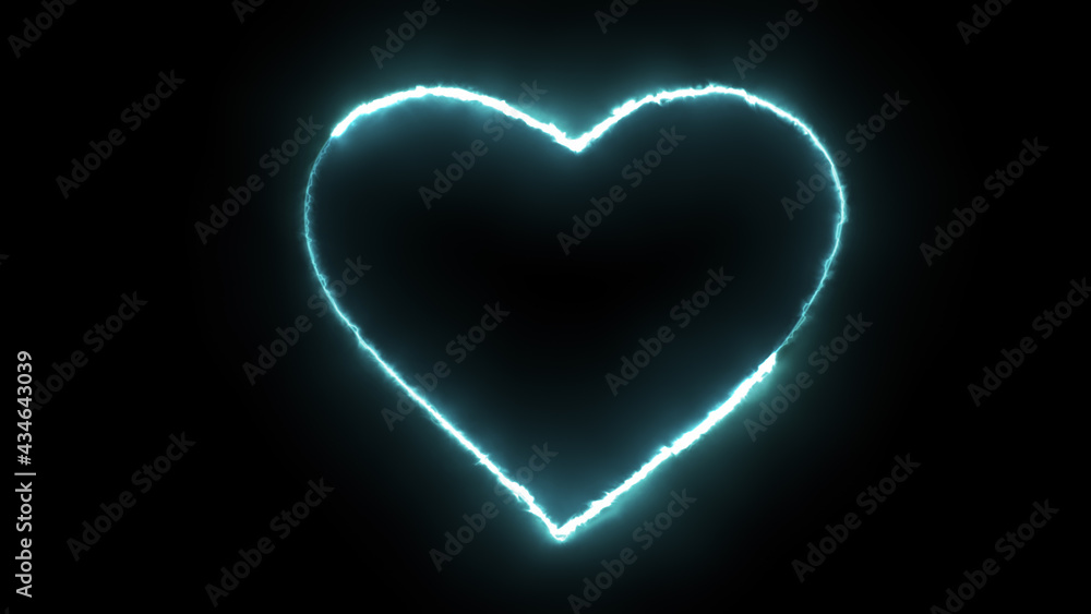 Poster 3d rendering glow effects of the contour of the heart on a black background. neon design elements