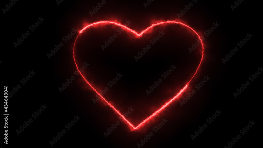 Poster 3d rendering glow effects of the contour of the heart on a black background. neon design elements