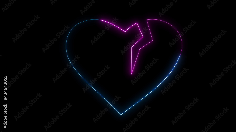 Poster 3d rendering glow effects of the contour of the broken hearton a black background. neon design eleme