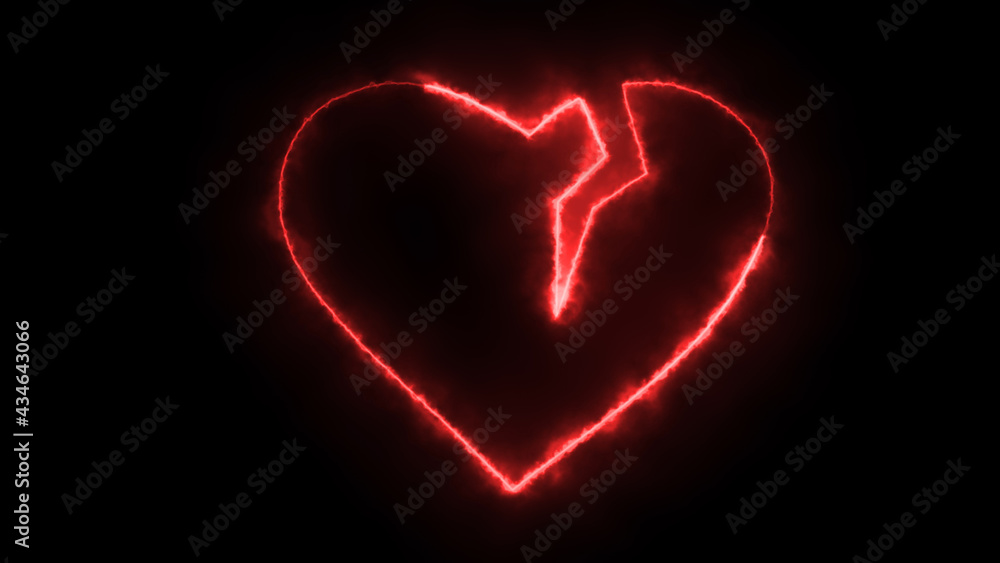 Poster 3d rendering glow effects of the contour of the broken hearton a black background. neon design eleme