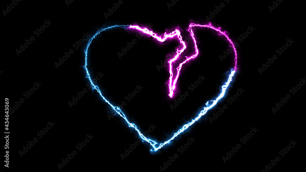 Poster 3d rendering glow effects of the contour of the broken hearton a black background. neon design eleme