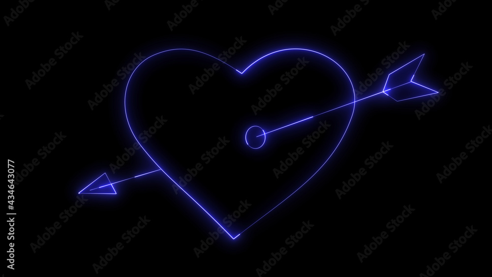 Poster 3d rendering glow effects of the contour of a heart pierced by an arrow of cupid on a black backgrou