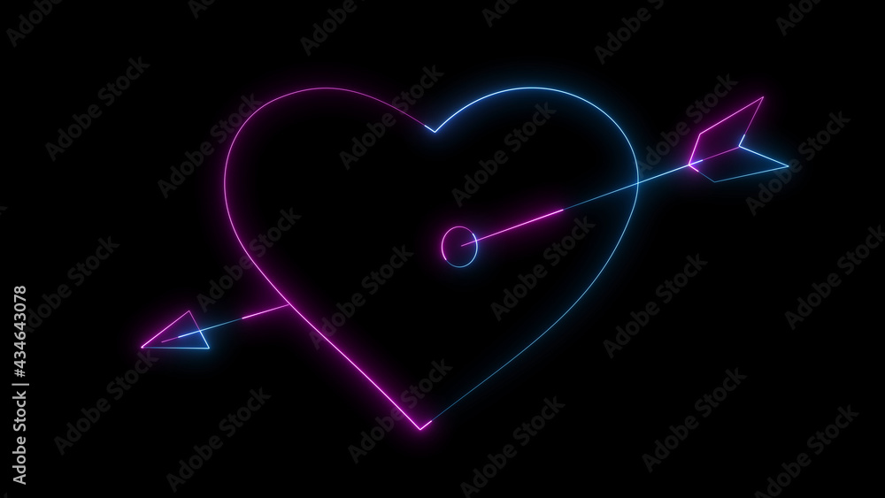Poster 3d rendering glow effects of the contour of a heart pierced by an arrow of cupid on a black backgrou