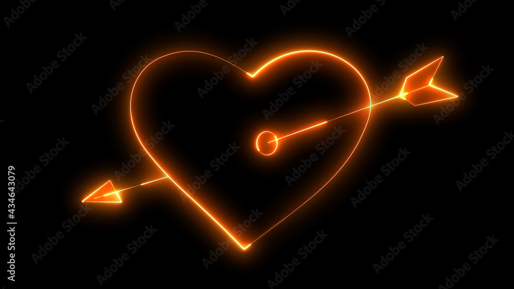 Poster 3d rendering glow effects of the contour of a heart pierced by an arrow of cupid on a black backgrou