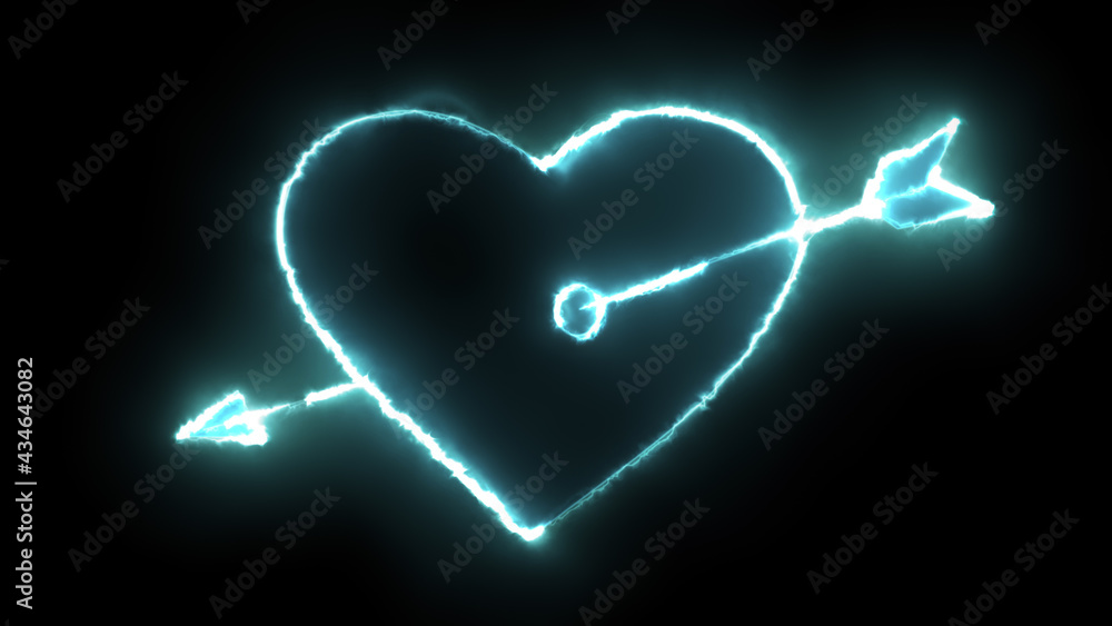 Poster 3d rendering glow effects of the contour of a heart pierced by an arrow of cupid on a black backgrou