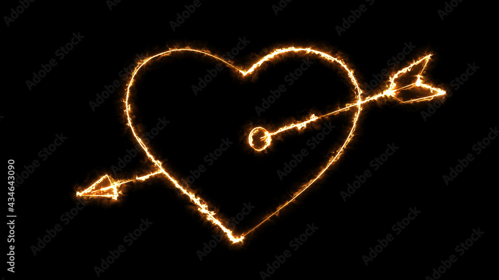 Poster 3d rendering glow effects of the contour of a heart pierced by an arrow of cupid on a black backgrou