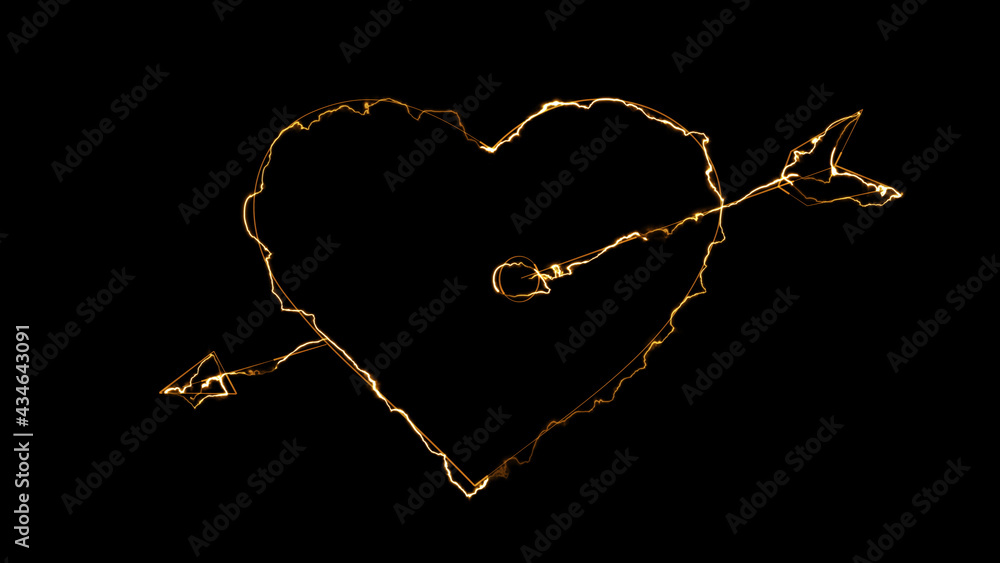 Poster 3d rendering glow effects of the contour of a heart pierced by an arrow of cupid on a black backgrou