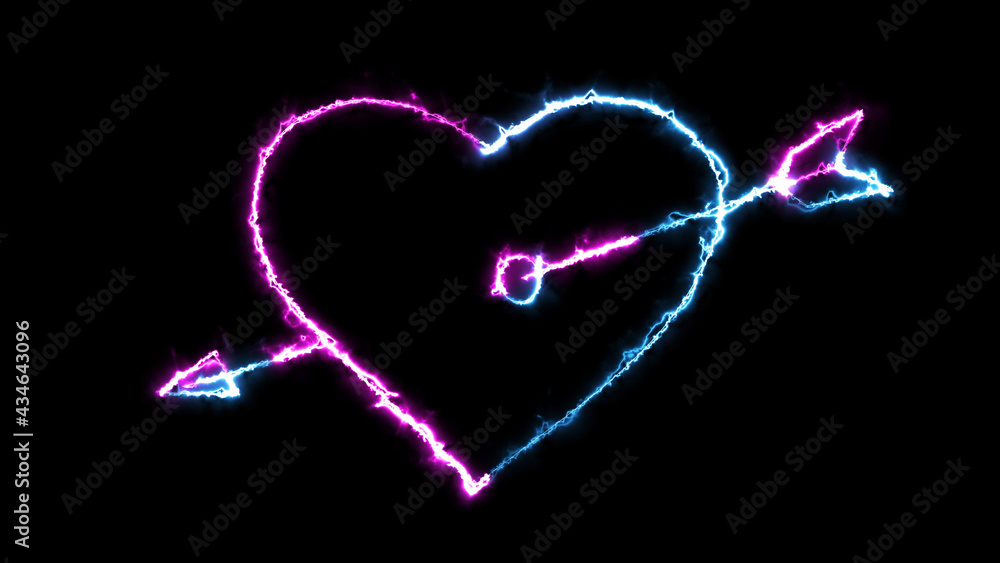 Poster 3d rendering glow effects of the contour of a heart pierced by an arrow of cupid on a black backgrou