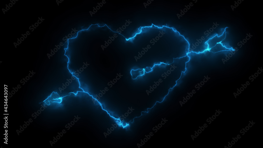 Poster 3d rendering glow effects of the contour of a heart pierced by an arrow of cupid on a black backgrou