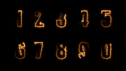 3D rendering glow of contours of numbers on a black background. Neon design elements. Futuristic glowing background