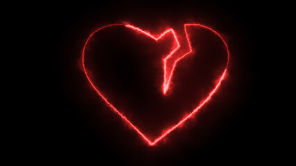 3D rendering glow effects of the contour of the broken hearton a black background. Neon design elements