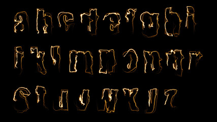 3D rendering glow effects of the contours of the lowercase letters of the English alphabet on a black background. Neon design elements