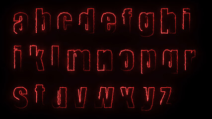 3D rendering glow effects of the contours of the lowercase letters of the English alphabet on a black background. Neon design elements