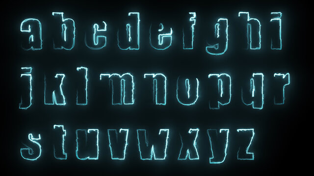 3D rendering glow effects of the contours of the lowercase letters of the English alphabet on a black background. Neon design elements