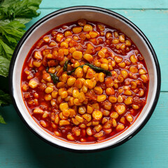 Red corn esquites on turquoise background. Mexican food