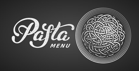 Pasta elegant hand written vector lettering isolated on black background with chalk plate of pasta