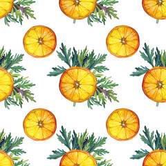 Seamless pattern watercolor citrus fruit circle slice of orange and green leaves greenery on white. Hand-drawn fresh summer food. Creative background for menu, textile, wrapping, card, wallpaper