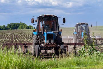 Obraz premium field work in agriculture. farmer's tractor harrows the field after planting seeds. tractor and seeder planting crops on a field.