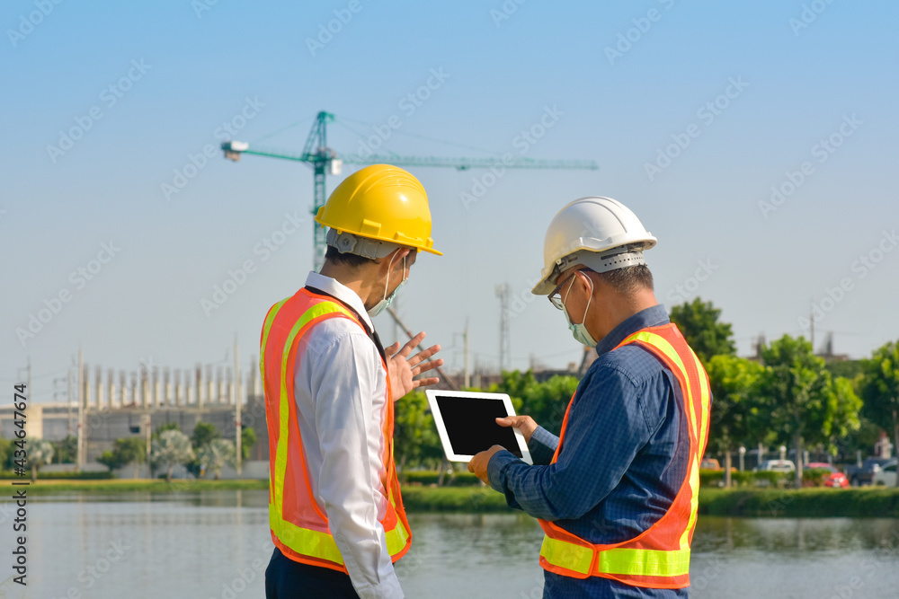 Poster architecture engineer worker soft focus inspection quality control on site building construction pro