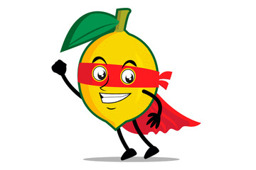 Lemon Mascot as a superhero wearing a cloak and costume, ready to take flight