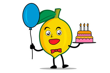 Lemon Cartoon mascot or character holding balloons and birthday cake at birthday celebration event