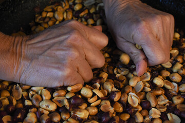 Old lady hands peeling roasted peanuts in a traditional way. Hadcraft, organic food texture. traditional latin appetizer.