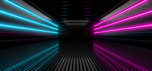Sci Fy neon lamps in a dark hall. Reflections on the floor and walls. 3d rendering image.