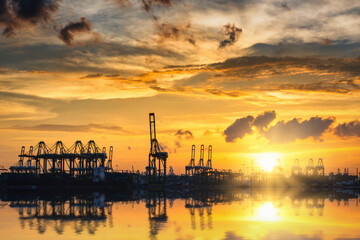 Container Shipping Maritime Port Terminal of Transportation and Logistics Loading Dock, Containers Import/Export of Sea Freight Transport Industrial. Heavy Industry of Sea Port Containers Cargo Ship
