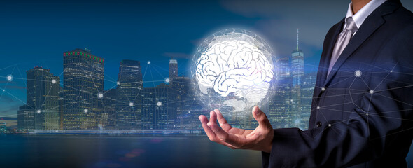 Businessman holding digital image of brains, Concept of creative thinking ideas and innovation.