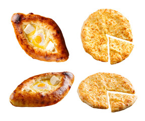 Isolated georgian adjarian and megrelian khachapuri collage