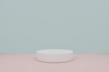 pink floor and sky blue wall room with 3d round empty pedestal platform for display show and place for presentation